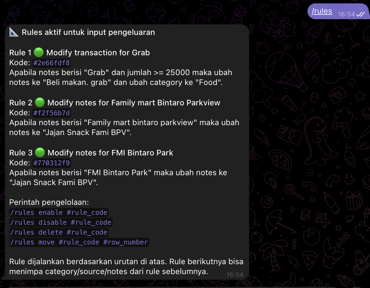SpendyBot Rules - kategorisasi pengeluaran otomatis dengan aturan custom