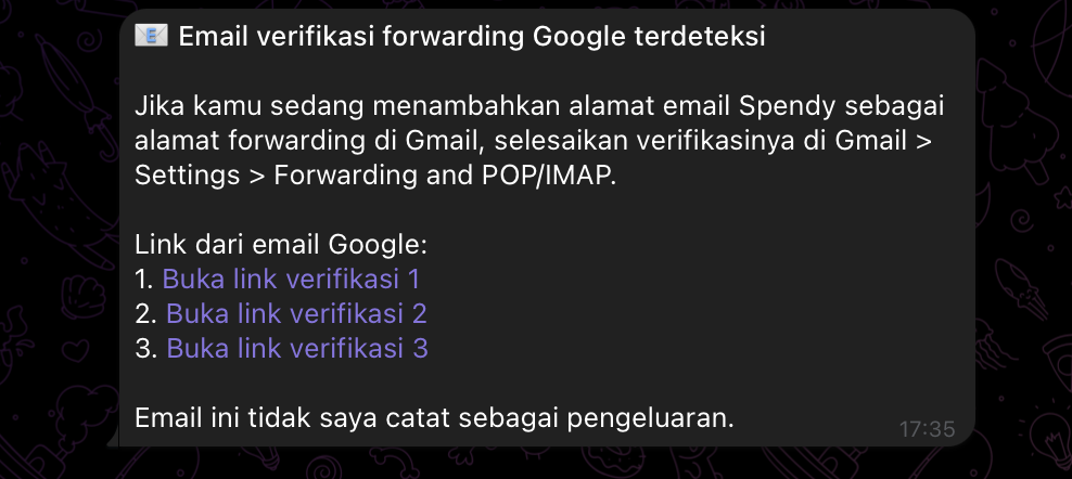Klik link verifikasi yang dikirim Gmail ke SpendyBot Telegram-mu