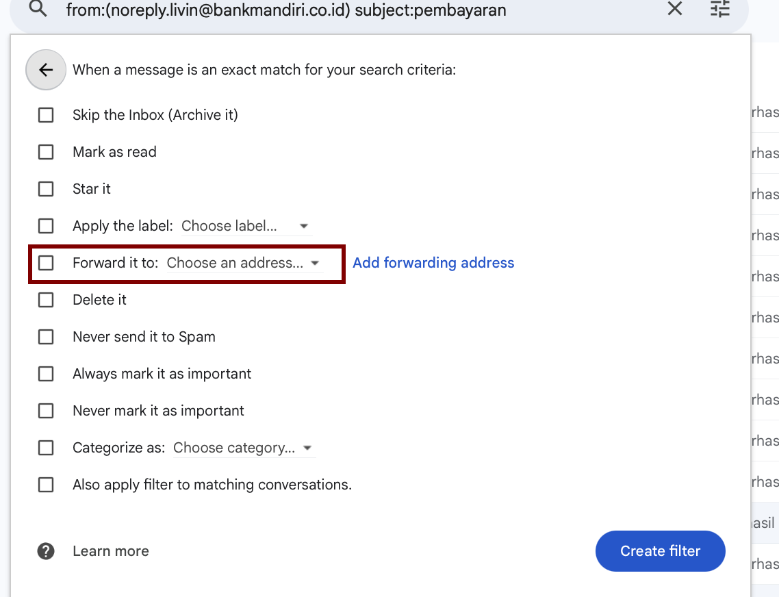 Pilih Forward it to dan pilih alamat SpendyMail dari dropdown